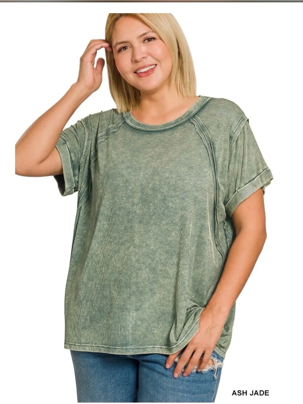 Zenana Plus Washed Ribbed Cuffed Short Sleeve in Ash Jade